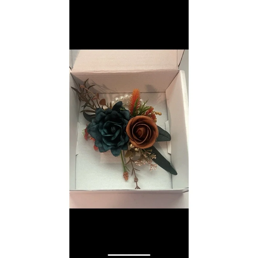 Teal Rust Orange Floral Wrist Corsage Wedding Formal New